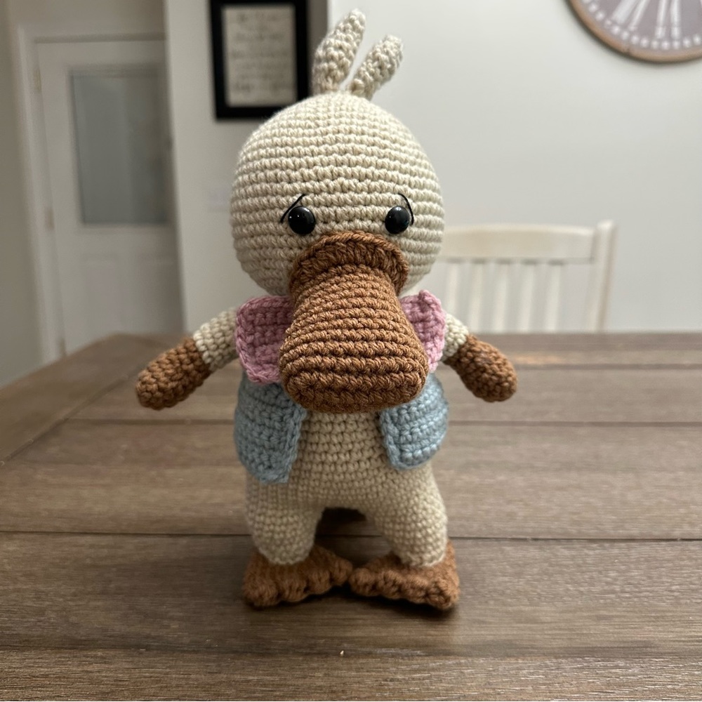 Hand Crocheted Amigurumi Dakota the Platypus in Blue Sweater Vest & Pink Bow tie